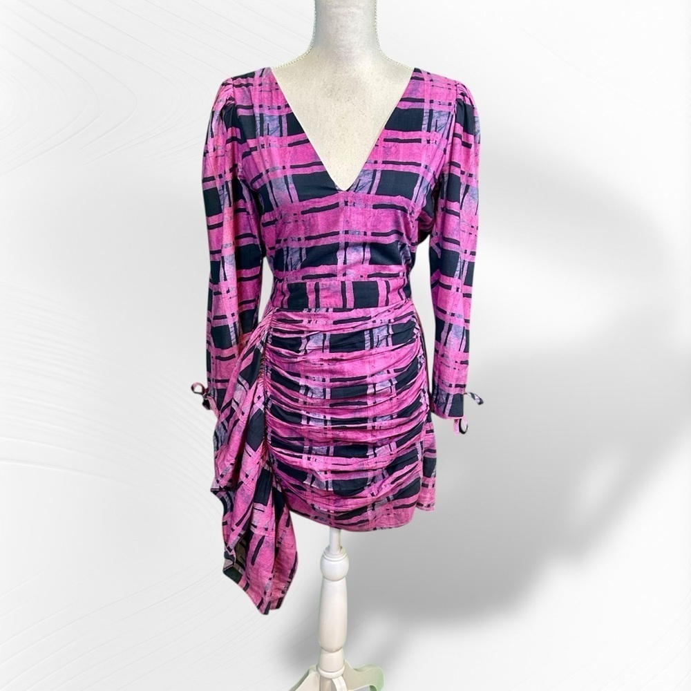 Rhode ‘Piper’ Puff Shoulder Mini Dress in Pink & Black Plaid Size XS